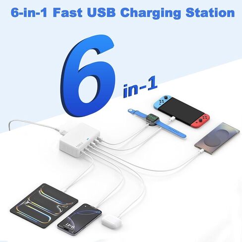 USB C Charger Block 100W Charging Station Hub GAN-III 6 Port Type C Travel Charger for Advices USB C Power Strip Adapter Cube Brick for iPhone 16 15 14 13 12 Pro Max ، iPad ، Galaxy ، 5ft cord in Kuwait