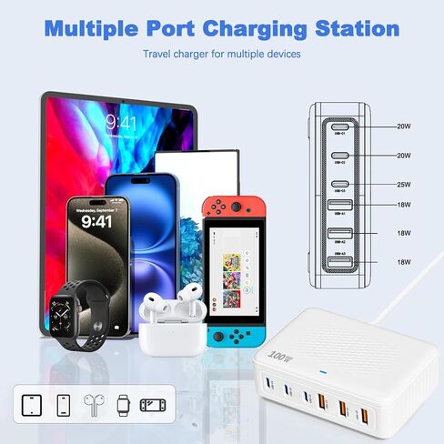 USB C Charger Block 100W Charging Station Hub GAN-III 6 Port Type C Travel Charger for Advices USB C Power Strip Adapter Cube Brick for iPhone 16 15 14 13 12 Pro Max ، iPad ، Galaxy ، 5ft cord in Kuwait