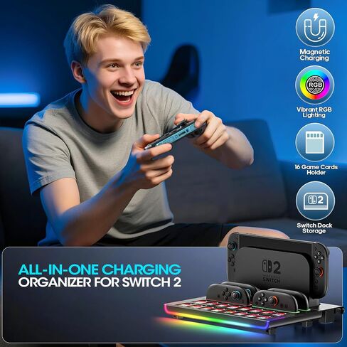 Organizer Station for 2025 Switch 2 Controllers & Console, Magnetic Fast Joy-Con 2 Charging Dock Base Station with 9 RGB Modes, Switch 2 Storage Base with 16 Game Card Slots in Kuwait