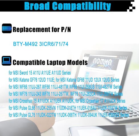 BTY-M492 Laptop Battery Replacement for MSI Sword 15 A11UD A11UE A11SC Bravo 15 B5DD Katana GF66 GF76 11UC 11UD 11UE 11SC 12UD 12UE 12UG 12UGS 12UX WF66 WF76 11UI 11UI 1 1UJ 53.5Wh in Saudi Arabia