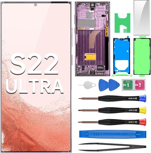 بالنسبة إلى Samsung Galaxy S22 Ultra AMOLED ، استبدال الشاشة OLED Display Digitizer التجميع الكامل مع إطار بورغوندي وأدوات إصلاح الزجاج الجانبي مجموعة SM-S908U SM-S908U1 in Saudi Arabia