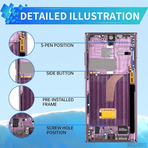 بالنسبة إلى Samsung Galaxy S22 Ultra AMOLED ، استبدال الشاشة OLED Display Digitizer التجميع الكامل مع إطار بورغوندي وأدوات إصلاح الزجاج الجانبي مجموعة SM-S908U SM-S908U1 in Saudi Arabia