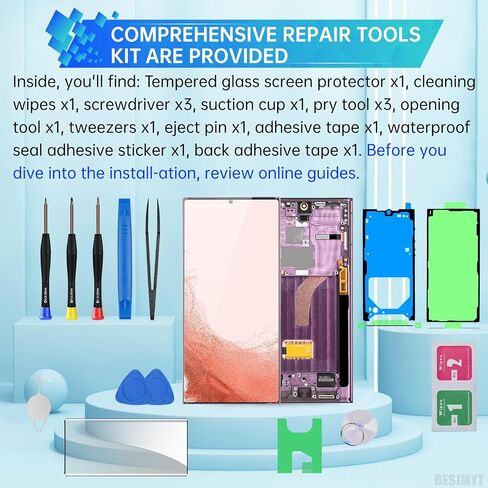 بالنسبة إلى Samsung Galaxy S22 Ultra AMOLED ، استبدال الشاشة OLED Display Digitizer التجميع الكامل مع إطار بورغوندي وأدوات إصلاح الزجاج الجانبي مجموعة SM-S908U SM-S908U1 in Saudi Arabia