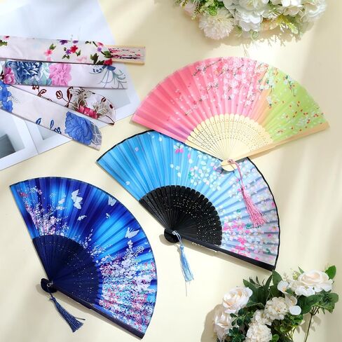 Zonon Handheld Floral Folding Fans Cherry Blossom Pattern Hand Held Fans Silk Bamboo Fans with Tassel Women's Hollowed Bamboo Hand Holding Fans for Women and Men (4 Pieces) in Kuwait
