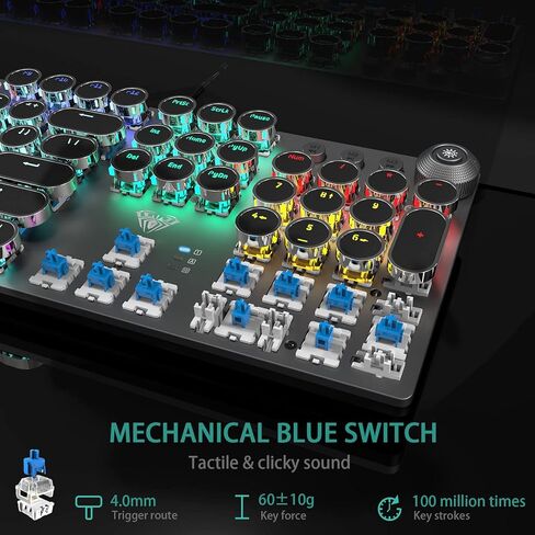 AULA F2088 ATYWRITER MEDONICAL GAMING MAMING BEAKESLES BLUE SWATES ، LED LED LED قوس قزح ، راحة معصم قابلة للإزالة ، مقبض التحكم في الوسائط ، مفاتيح Retro Punk Round ، لوحة مفاتيح الكمبيوتر السلكية USB (متجددة) in Kuwait