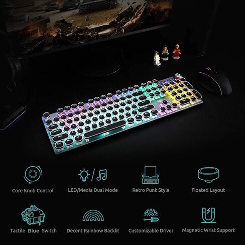 AULA F2088 ATYWRITER MEDONICAL GAMING MAMING BEAKESLES BLUE SWATES ، LED LED LED قوس قزح ، راحة معصم قابلة للإزالة ، مقبض التحكم في الوسائط ، مفاتيح Retro Punk Round ، لوحة مفاتيح الكمبيوتر السلكية USB (متجددة) in Kuwait