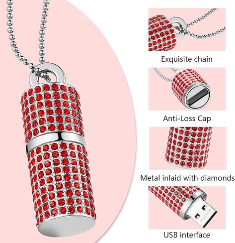 USB Flash Drive,16GB/32GB/64GB/128GB Portable USB2.0 Memory Stick Secure Date Storage Pendrive Thumb Drives Rhinestone Pendant with Chain (Red, 128GB) in Saudi Arabia