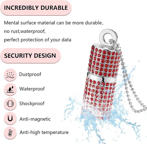 USB Flash Drive,16GB/32GB/64GB/128GB Portable USB2.0 Memory Stick Secure Date Storage Pendrive Thumb Drives Rhinestone Pendant with Chain (Red, 128GB) in Saudi Arabia