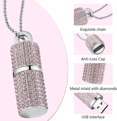 USB Flash Drive,16GB/32GB/64GB/128GB Portable USB2.0 Memory Stick Secure Date Storage Pendrive Thumb Drives Rhinestone Pendant with Chain (Red, 128GB) in Saudi Arabia