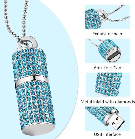USB Flash Drive,16GB/32GB/64GB/128GB Portable USB2.0 Memory Stick Secure Date Storage Pendrive Thumb Drives Rhinestone Pendant with Chain (Pink, 64GB) in Saudi Arabia