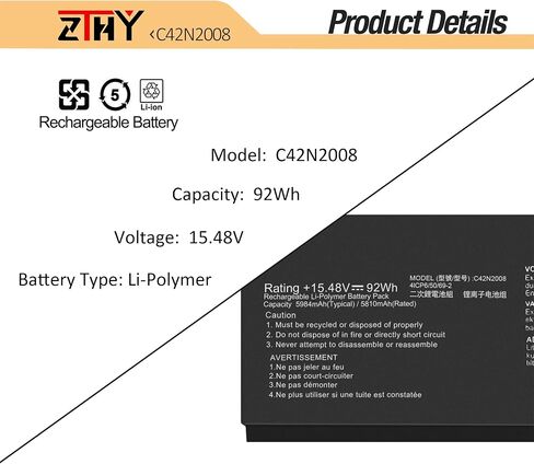 ZTHY C42N2008 استبدال بطارية الكمبيوتر المحمول لـ ASUS ZENBOOK PRO DUO 15 OLED UX582 UX582L UX582LR UX582HM UX582HS UX582ZM UX582ZW UX582LR-H2002R UX582LR-BP1979R UX582LR-H2017T 15.48V 92WH in Saudi Arabia