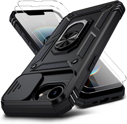 لحالة iPhone 16e مع حامي شاشة 2x HD وغطاء الكاميرا الشريحة و Kickstand Ring Ring ، [من الدرجة العسكرية] قضية الهاتف الحماية الثقيلة الوعرة لجهاز iPhone 16e 6.1 بوصة ، أسود in Kuwait