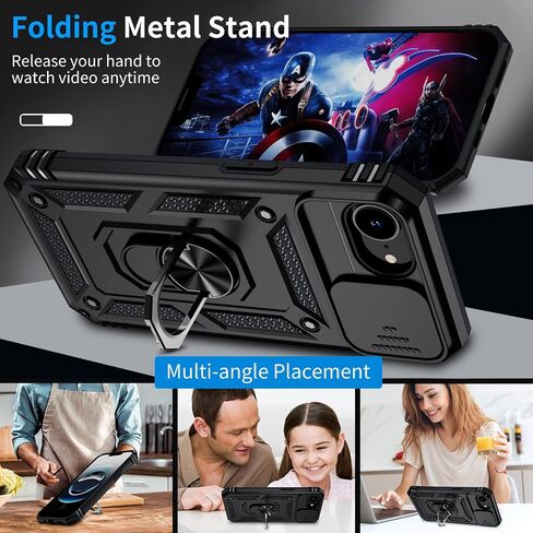 لحالة iPhone 16e مع حامي شاشة 2x HD وغطاء الكاميرا الشريحة و Kickstand Ring Ring ، [من الدرجة العسكرية] قضية الهاتف الحماية الثقيلة الوعرة لجهاز iPhone 16e 6.1 بوصة ، أسود in Kuwait
