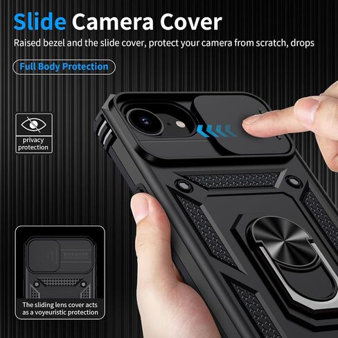 لحالة iPhone 16e مع حامي شاشة 2x HD وغطاء الكاميرا الشريحة و Kickstand Ring Ring ، [من الدرجة العسكرية] قضية الهاتف الحماية الثقيلة الوعرة لجهاز iPhone 16e 6.1 بوصة ، أسود in Kuwait