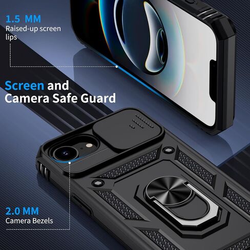 لحالة iPhone 16e مع حامي شاشة 2x HD وغطاء الكاميرا الشريحة و Kickstand Ring Ring ، [من الدرجة العسكرية] قضية الهاتف الحماية الثقيلة الوعرة لجهاز iPhone 16e 6.1 بوصة ، أسود in Kuwait