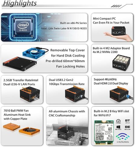 Mini PC NAS Server with N355 Processor, 4-Bay Storage, 4×M.2 NVMe Expansion Slots, DDR5 4800MHz, Dual 2.5G LAN, Barebone System (No RAM No SSD) in Saudi Arabia