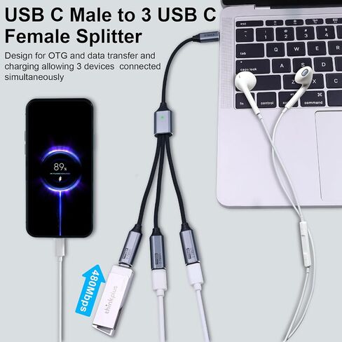 Danfetsoy USB C Splitter 1 in 3 Out, USB C 1 Male to 2 Dual Female Y Splitter Extension Charging Cable for Tablet, MacBook, iPad, Type C Hard Drive, etc in Saudi Arabia