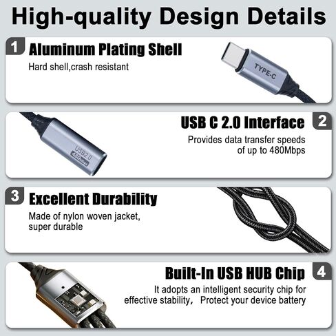 Danfetsoy USB C Splitter 1 in 3 Out, USB C 1 Male to 2 Dual Female Y Splitter Extension Charging Cable for Tablet, MacBook, iPad, Type C Hard Drive, etc in Saudi Arabia