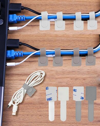 20 Pcs Self-Adhesive Hook and Loop Cable Ties, Reusable Cord Organizer Straps, Adjustable Cable Management Clips for Home, Office, and Kitchen - White&Gray in Saudi Arabia