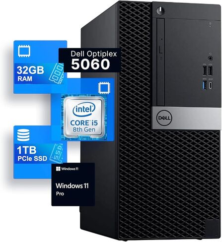 Dell Optiplex 5060 Tower Desktop Business Computer Windows 11 Pro ، MT PC Core I5-8500 3.0GHz 6-Core CPU ، 32GB RAM ، 1TB SSD (متجدد) in Kuwait