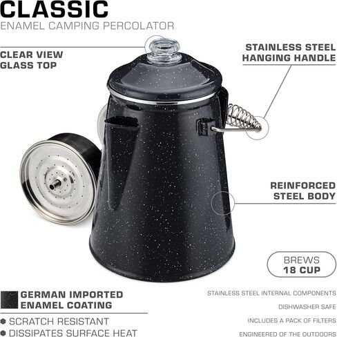 COLETTI Classic Coffee Percolator (Black, 18 Cup) – Camping Coffee Pot, Percolator Coffee Pot – Brew Bold Coffee for the Whole Campsite — XL Enamel Percolator in Kuwait