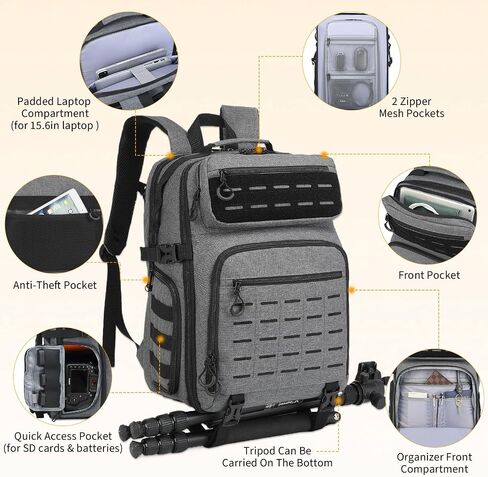 HAMBOLY Professional Camera Backpack, Waterproof Tactical Photography Bag for DSLR/SLR/Mirrorless Camera with Tripod Holder & Rain Cover, 15.6 Inch Professional Photographer Backpack Case in Kuwait