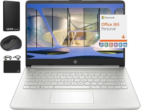 HP NEW 14 "HD Ultra Light Light Lead Face ، معالج Intel Celeron رباعي النواة ، ذاكرة وصول عشوائي 16 جيجا بايت ، 628 جيجابايت (128 جيجا بايت EMMC+ 500GB EXT) ، WIFI ، حتى 11 ساعة ، Windows 11 S+ 1 Office 365+ HubxcelAccessory ، Silver in Kuwait