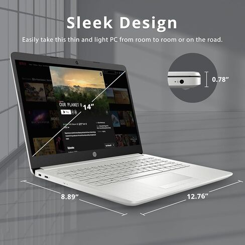 HP NEW 14 "HD Ultra Light Light Lead Face ، معالج Intel Celeron رباعي النواة ، ذاكرة وصول عشوائي 16 جيجا بايت ، 628 جيجابايت (128 جيجا بايت EMMC+ 500GB EXT) ، WIFI ، حتى 11 ساعة ، Windows 11 S+ 1 Office 365+ HubxcelAccessory ، Silver in Kuwait