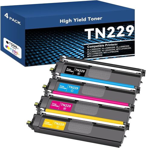 TN229 4 حزم خراطيش الحبر الطابعة-أسود ، سايان ، أرجواني ، استبدال الحبر الأصفر للأخ TN229 الحبر متوافق مع HL-L3220CDW ، L3280CDW ، L3295CDW ، L3300CDW ، MFC-L3720CDW ، L3765CDW PRINTER in Kuwait