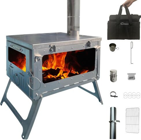 DANCHEL OUTDOOR TSG Foldable TA1 Titanium Tent Stove with Side Glass Ultralight, Small Wood Stove Burning Camping with Spark Arrestor Portable, 6.6lbs in Kuwait