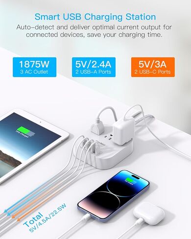 Power Strip with USB C, 3 Outlets 4 USB Ports (22.5W/4.5A) Desktop Charging Station, Flat Plug, 5ft Braided Extension Cord, Non Surge Protector for Travel, Cruise Ship, ETL Listed, Black in Kuwait