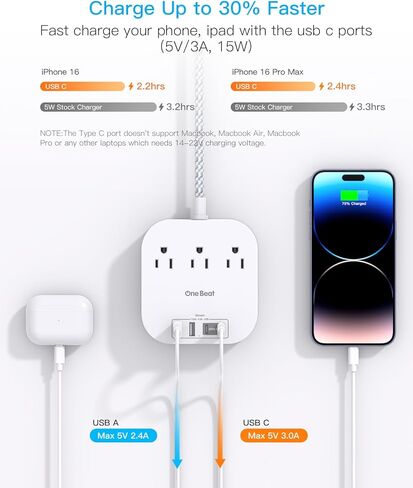 Power Strip with USB C, 3 Outlets 4 USB Ports (22.5W/4.5A) Desktop Charging Station, Flat Plug, 5ft Braided Extension Cord, Non Surge Protector for Travel, Cruise Ship, ETL Listed, Black in Kuwait