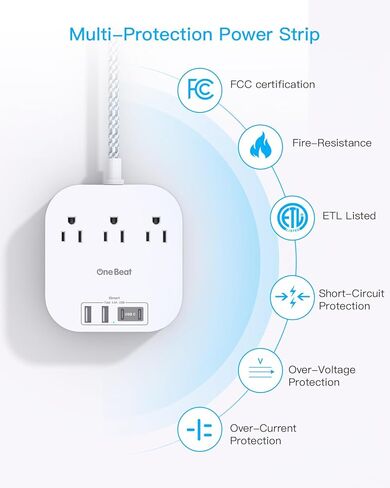 Power Strip with USB C, 3 Outlets 4 USB Ports (22.5W/4.5A) Desktop Charging Station, Flat Plug, 5ft Braided Extension Cord, Non Surge Protector for Travel, Cruise Ship, ETL Listed, Black in Kuwait