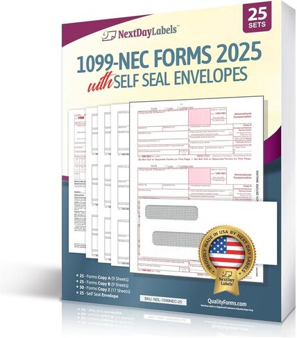 NextDayLabels - نماذج 1099-NEC لعام 2023، نماذج ضريبية مكونة من 4 أجزاء، مجموعة بائع مكونة من 50 نموذج ليزر و50 ظرفًا ذاتي الختم، نماذج مصممة لـ QuickBooks وTFP وبرامج المحاسبة الأخرى in Kuwait