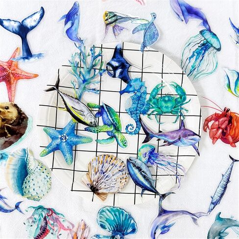 50pcs Ocean Animal Stickers for Laptop Water Bottles, Transparent PET Waterproof Adhesive Fish Decals Under The Sea Marine Life Sticker for Kids Birthday Party Scrapbook Phone (Blue) in Kuwait