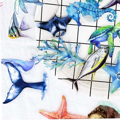 50pcs Ocean Animal Stickers for Laptop Water Bottles, Transparent PET Waterproof Adhesive Fish Decals Under The Sea Marine Life Sticker for Kids Birthday Party Scrapbook Phone (Blue) in Kuwait