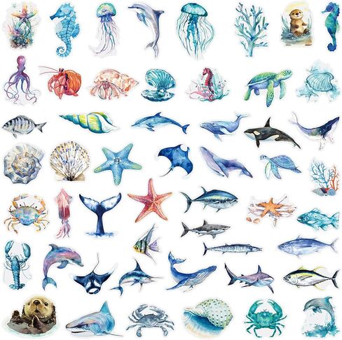 50pcs Ocean Animal Stickers for Laptop Water Bottles, Transparent PET Waterproof Adhesive Fish Decals Under The Sea Marine Life Sticker for Kids Birthday Party Scrapbook Phone (Blue) in Kuwait