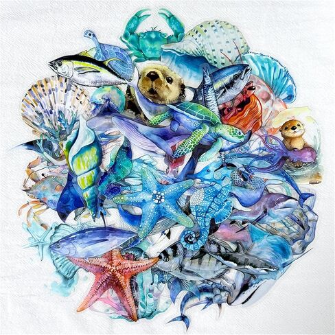 50pcs Ocean Animal Stickers for Laptop Water Bottles, Transparent PET Waterproof Adhesive Fish Decals Under The Sea Marine Life Sticker for Kids Birthday Party Scrapbook Phone (Blue) in Kuwait