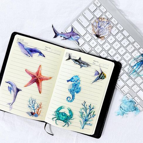 50pcs Ocean Animal Stickers for Laptop Water Bottles, Transparent PET Waterproof Adhesive Fish Decals Under The Sea Marine Life Sticker for Kids Birthday Party Scrapbook Phone (Blue) in Kuwait