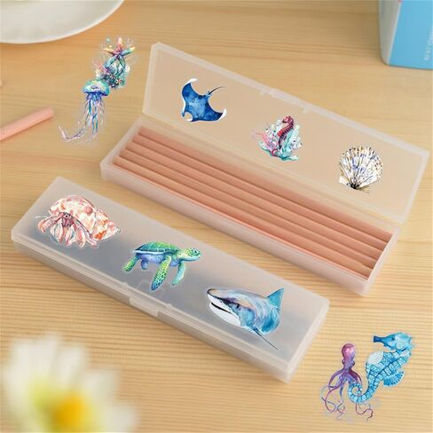 50pcs Ocean Animal Stickers for Laptop Water Bottles, Transparent PET Waterproof Adhesive Fish Decals Under The Sea Marine Life Sticker for Kids Birthday Party Scrapbook Phone (Blue) in Kuwait