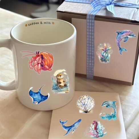 50pcs Ocean Animal Stickers for Laptop Water Bottles, Transparent PET Waterproof Adhesive Fish Decals Under The Sea Marine Life Sticker for Kids Birthday Party Scrapbook Phone (Blue) in Kuwait