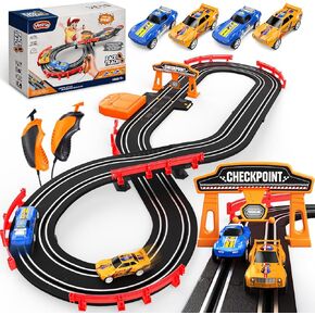 Race Track Toys for Boys Age 8-12 with 2 Loop, 4 Race Cars 1:43 Scale with Headlights, Battery Operated Slot Car Race Track Set, 2 Controllers, Lap Counter, 2 Player Game, Gift for Kids 6+ Year Old in Kuwait