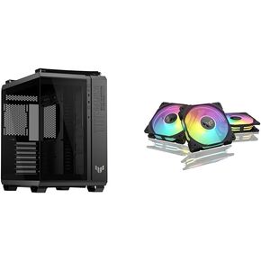 Bundle of ASUS TUF Gaming GT502 Horizon ATX Mid-Tower Gaming Case (Boundless Panoramic Design) + ASUS TUF Gaming TR120 ARGB Fan Black - Triple Pack Extra-Thick 28mm Fan Frame, Aura Sync in Kuwait