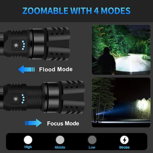Rechargeable Flashlight High Lumens - 10000LM Powerful Tactical Flashlights with 4 Modes Zoomable LED Flashlight Waterproof Brightest Flash Light for Emergencies Camping Hiking Outdoor C1 in Kuwait