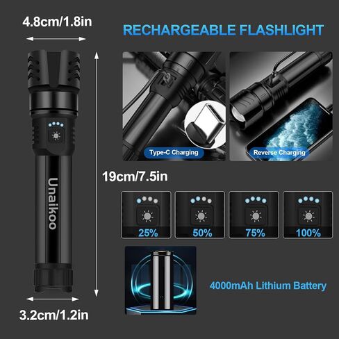 Rechargeable Flashlight High Lumens - 10000LM Powerful Tactical Flashlights with 4 Modes Zoomable LED Flashlight Waterproof Brightest Flash Light for Emergencies Camping Hiking Outdoor C1 in Kuwait