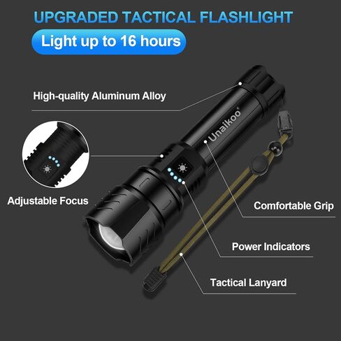 Rechargeable Flashlight High Lumens - 10000LM Powerful Tactical Flashlights with 4 Modes Zoomable LED Flashlight Waterproof Brightest Flash Light for Emergencies Camping Hiking Outdoor C1 in Kuwait