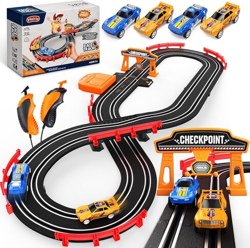 Race Track Toys for Boys Age 8-12 with 2 Loop, 4 Race Cars 1:43 Scale with Headlights, Battery Operated Slot Car Race Track Set, 2 Controllers, Lap Counter, 2 Player Game, Gift for Kids 6+ Year Old in Kuwait