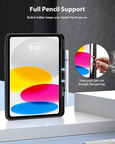 Timovo Case for iPad (A16) الجيل الحادي عشر 11 بوصة 2025 ، IPAD 10 CASE 10.9 بوصة 2022 ، غطاء وقائي لقلم الرصاص القابل للتعديل مع حامل القلم الرصاص ، الاستيقاظ التلقائي ، الأسود ، الأسود in Kuwait