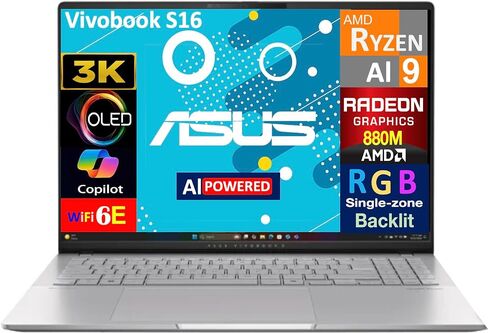 Asus Vivobook S16 AI جهاز كمبيوتر محمول مدعوم من 16.0 "OLED 3.2K (AMD RYZEN AI 9 365 ، 32GB LPDDR5X ، 1TB PCIE SSD ، in Saudi Arabia