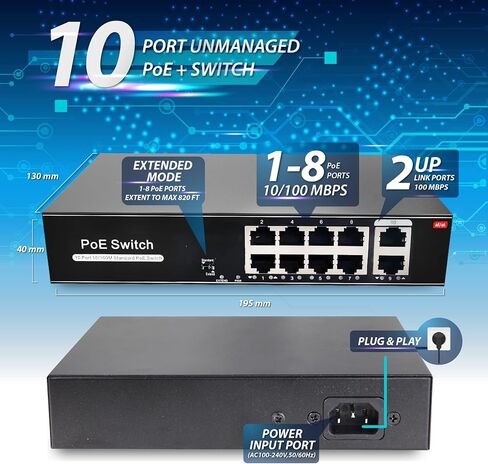8 Port Poe Switch مع 2 وصلة صاعدة ، 802.3af/في Poe+ 100 ميجابت في الثانية ، طاقة مدمجة 100 واط ، يمتد إلى 250 مترًا ، قابسًا ولعبًا معدنيًا ، مفتاح Poe غير المُدارة in Kuwait